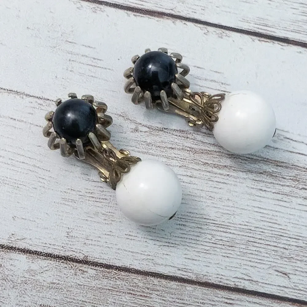Vintage Clip On Earrings Large Chunky Black and Off White Dangle